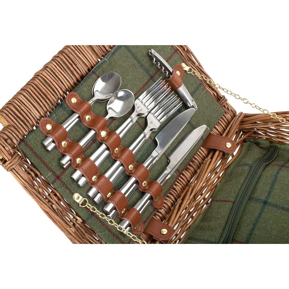 Four Person Fully Fitted Lidded Picnic Basket Hamper in Green Tweed 126 by Willow