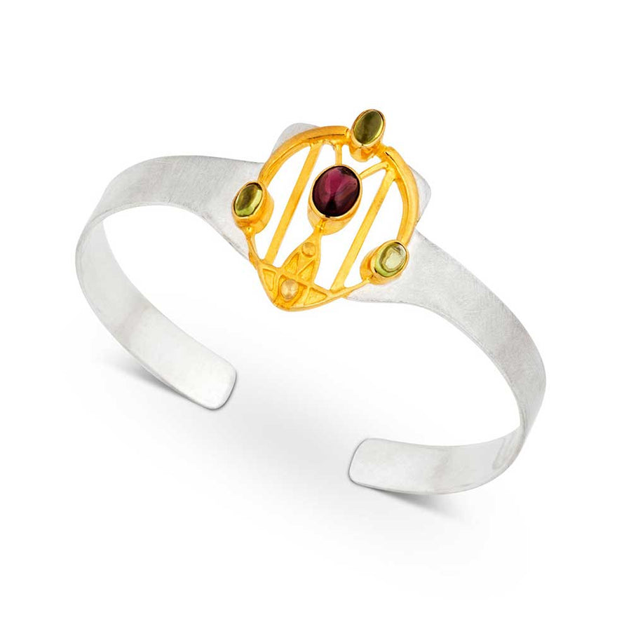 Silver Bangle with Goldplate set with Garnet and Peridot by Paula Bolton