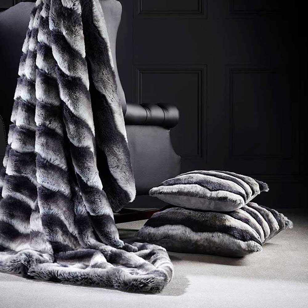 Faux Fur Cushion Grey Stripe and Matching Throw by Katrina Hampton