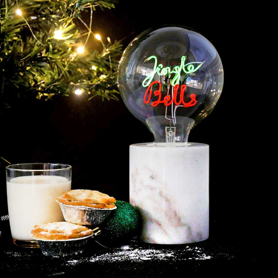 LED Word Text Filament Light Bulb White Marble Table Lamp 'Jingle Bells' by Steepletone