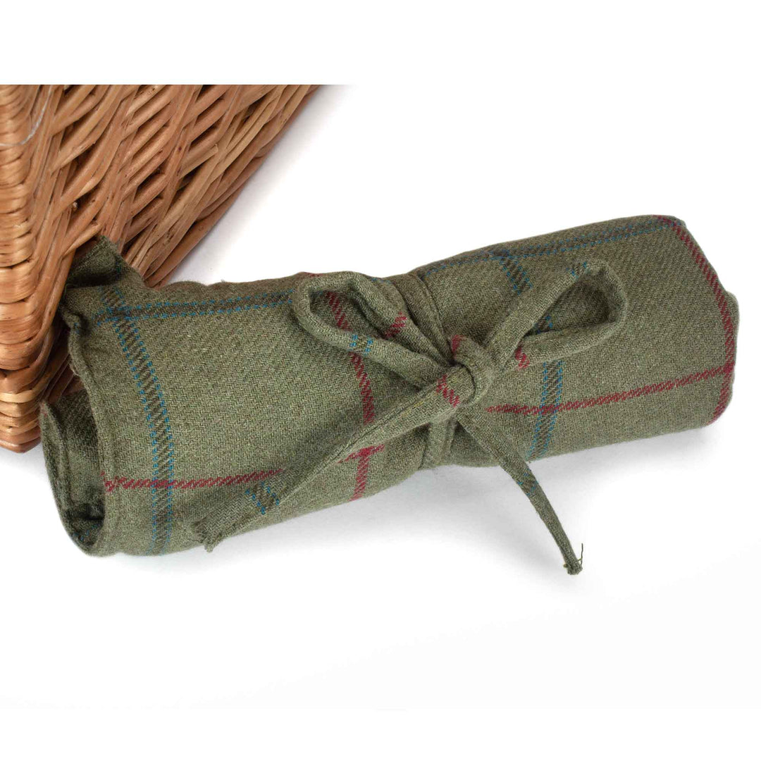 2 person green tweed picnic hamper double-lidded showing blanket
