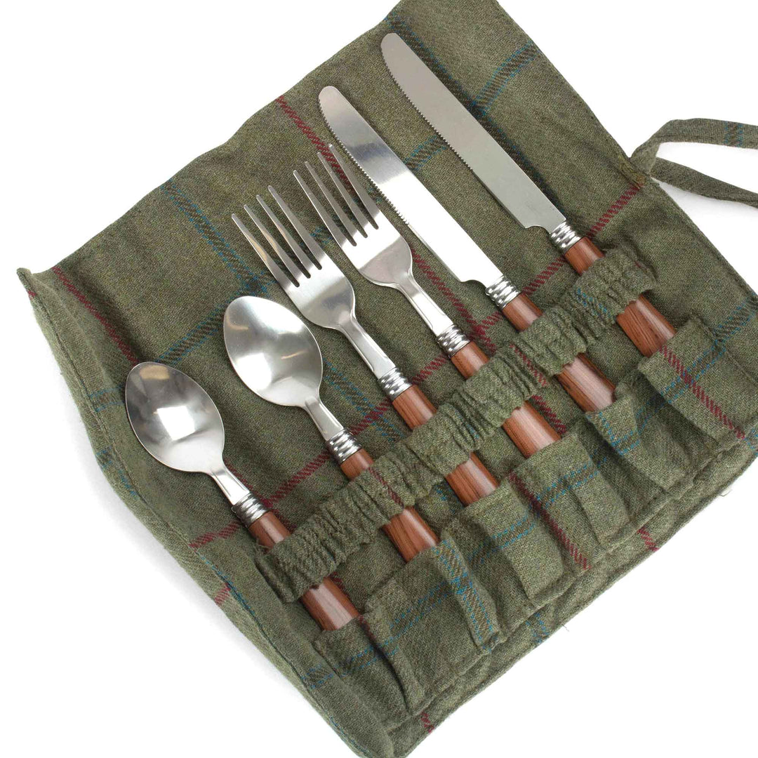 2 person green tweed picnic hamper double-lidded showing cutlery