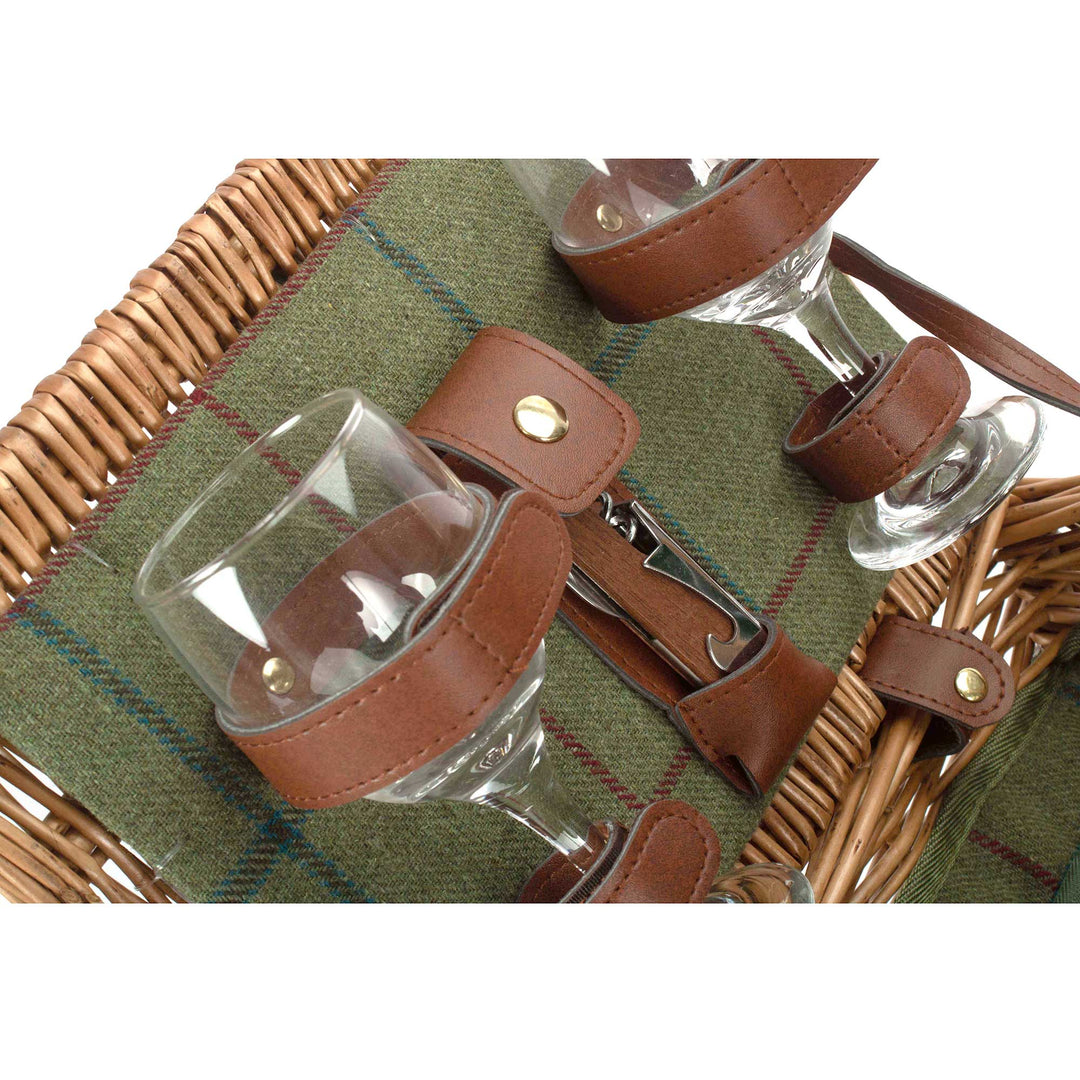 2 person green tweed picnic hamper double-lidded showing glasses