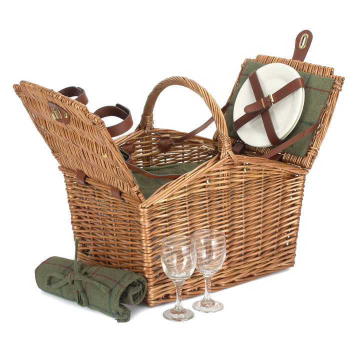 2 person green tweed picnic hamper double-lidded shown open