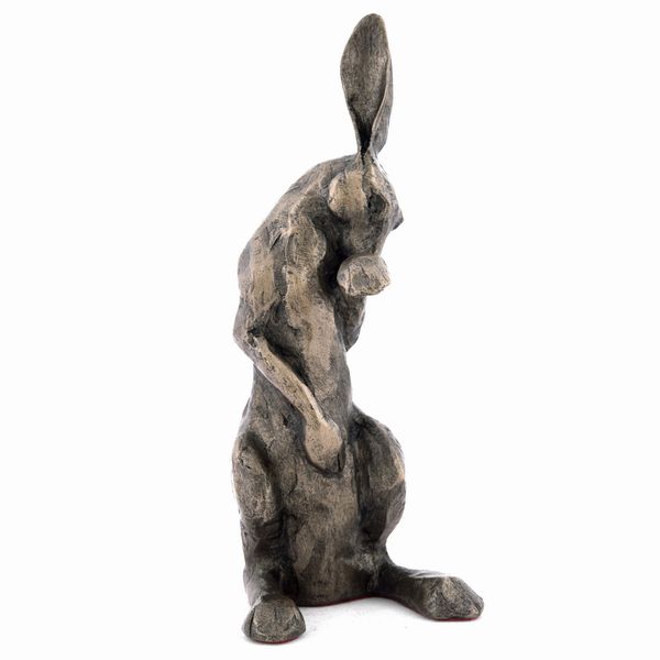 Henrietta Hare cold-cast bronze sculpture by Paul Jenkins, sitting upright with a forepaw raised towards her face