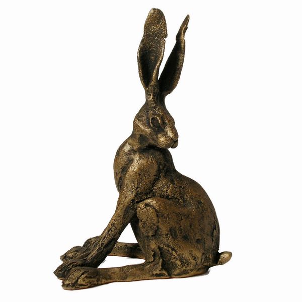 Alert Hare cold-cast bronze sculpture by Paul Jenkins, seated with its head looking back over its shoulder