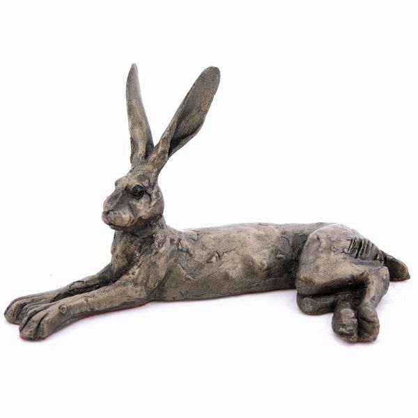 Harvey Lying Hare cold-cast bronze sculpture by Paul Jenkins, lying down with forelegs stretched out and ears raised
