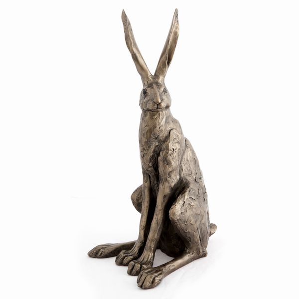 Large Sitting Hare cold-cast bronze sculpture by Paul Jenkins, a tall seated hare with long upright ears