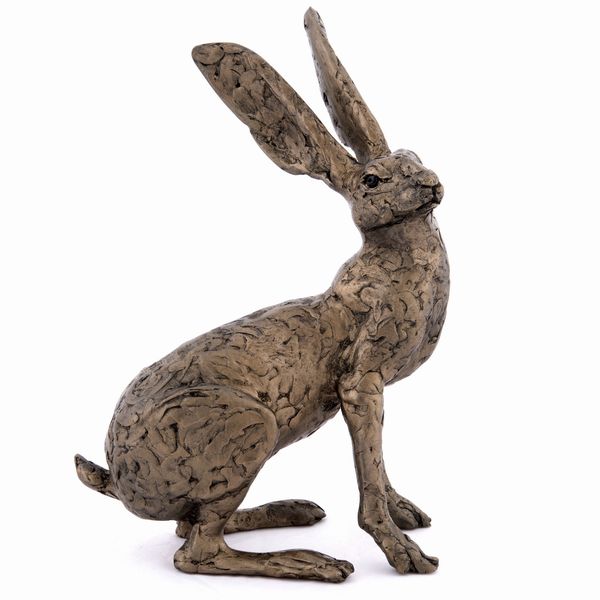 Tess the Dorset Hare cold-cast bronze sculpture by Thomas Meadows, a female hare with head raised and long ears spread