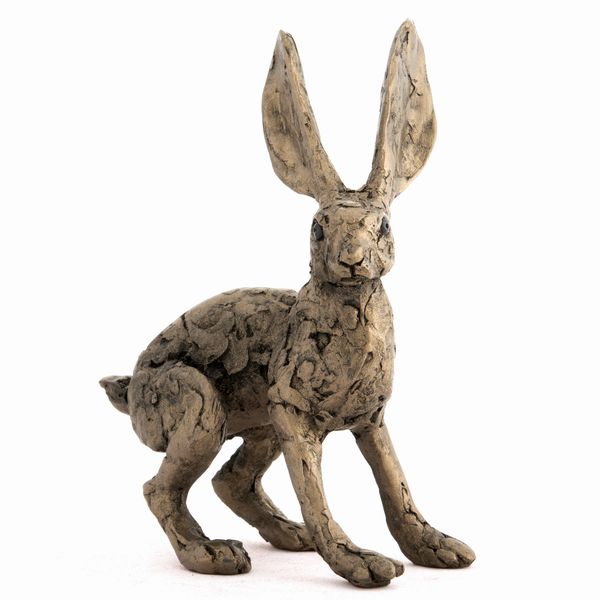 Tim Hare on All Fours cold-cast bronze sculpture by Thomas Meadows, a hare poised on all four paws with ears upright