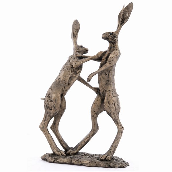 Hannah and Hamish Boxing Hares cold-cast bronze sculpture by Paul Jenkins, two boxing hares standing together on a shared base