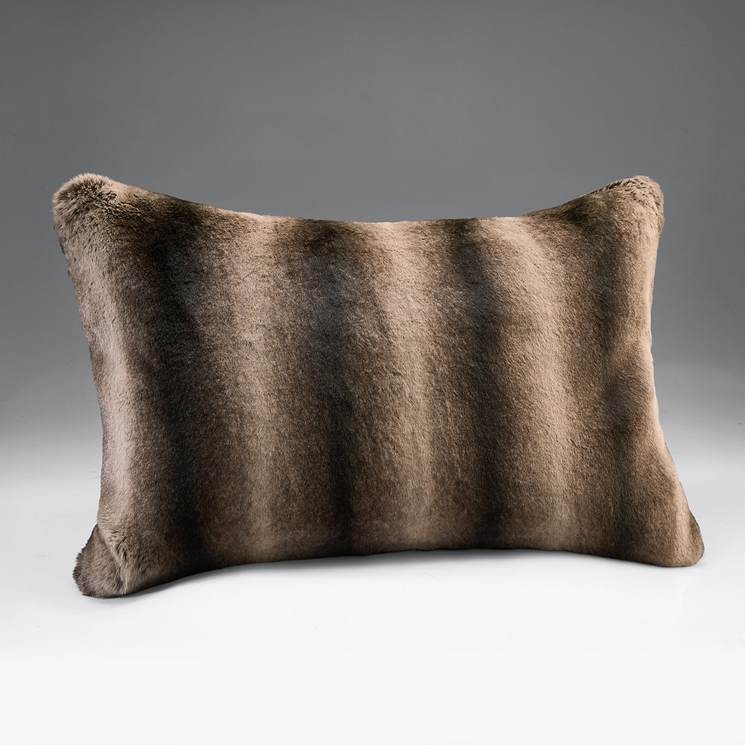 Taupe Rabbit Alaska rectangular faux fur cushion with dark brown bands by Katrina Hampton