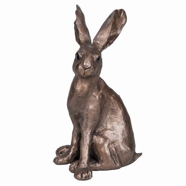 Hugh Sitting Hare cold-cast bronze sculpture by Paul Jenkins, sitting upright with ears raised