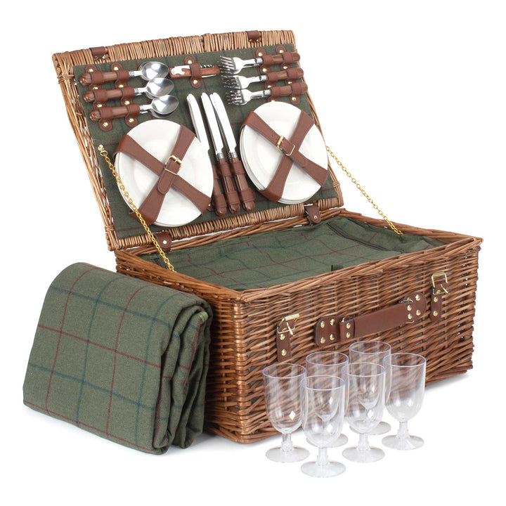 6 Person Green Tweed Classic Picnic Hamper