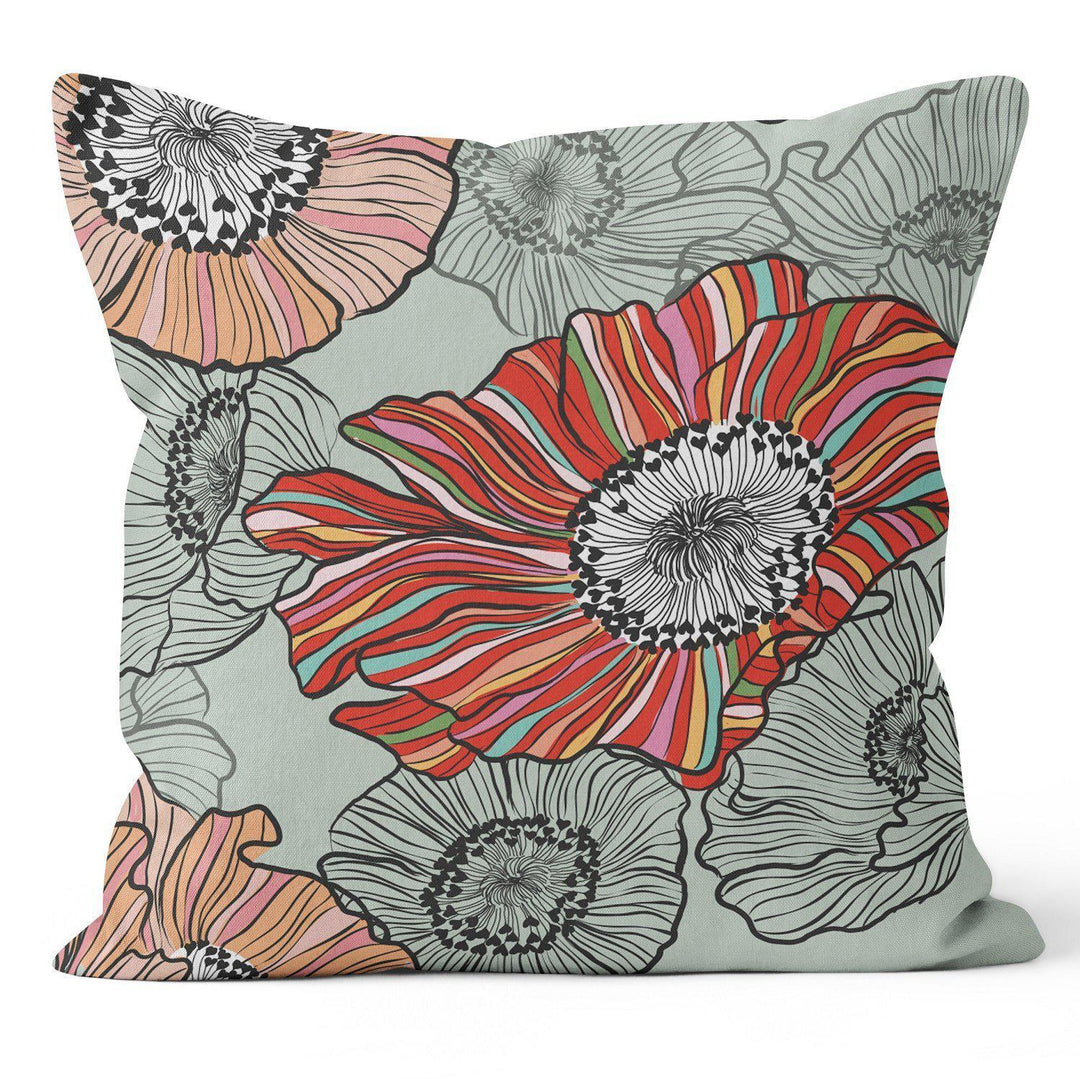 Candy Stripe Poppies (Green) - Funky Art Cushion - Paradise Garden - House Of Turnowsky Pillows - Handmade Cushions UK - WeLoveCushions