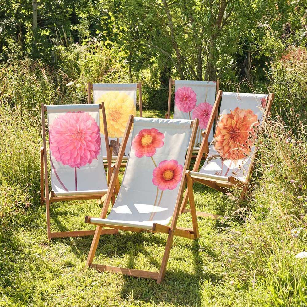 Yellow Dahlia Botanical Art Folding Deckchairs Group of Five in the Garden