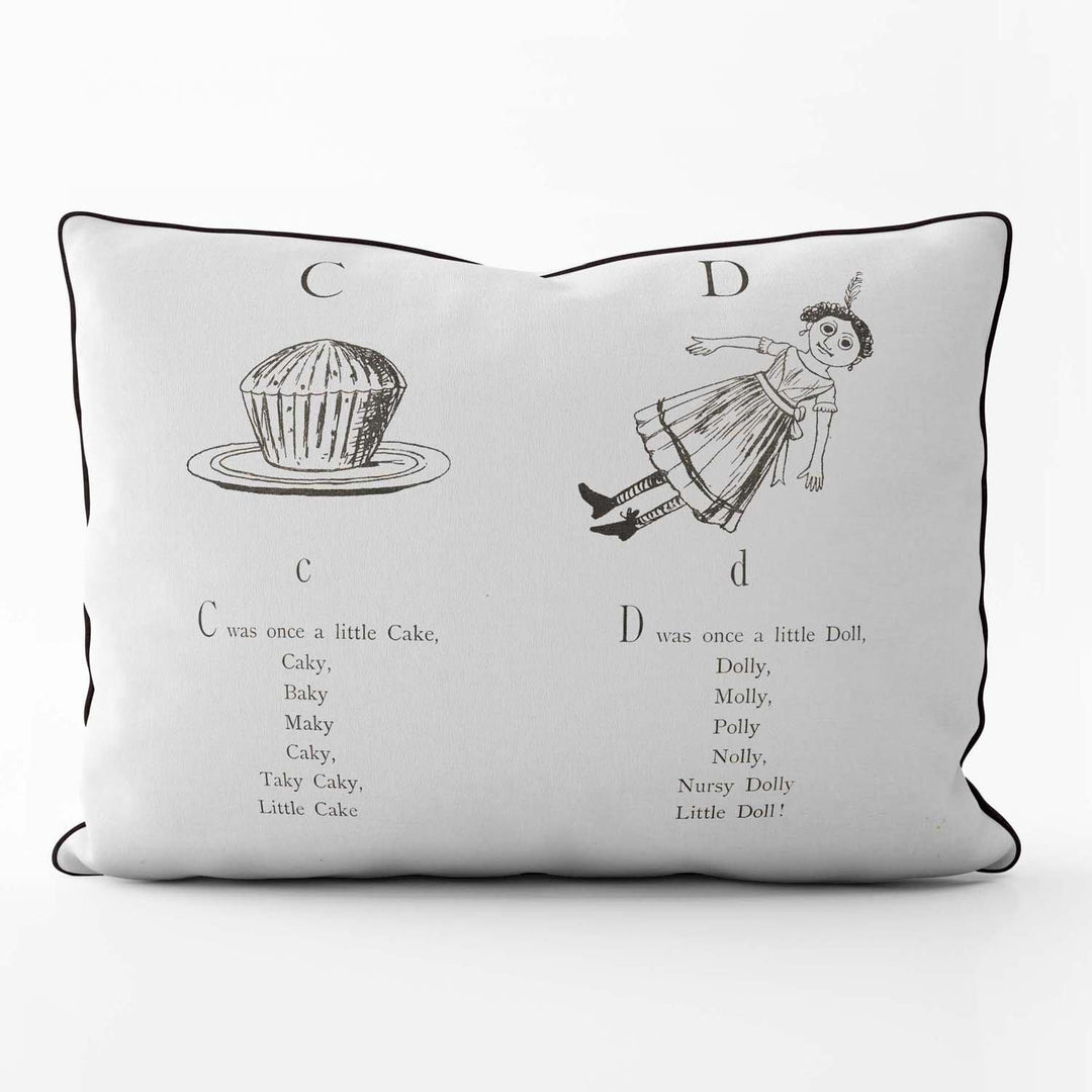 Nonsense Alphabet C-D - British Library Cushion - Black Piping - Handmade Cushions UK - WeLoveCushions