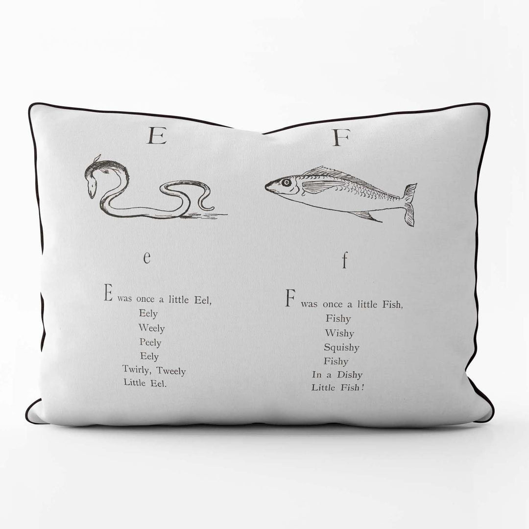 Nonsense Alphabet E-F - British Library Cushion - Black Piping - Handmade Cushions UK - WeLoveCushions