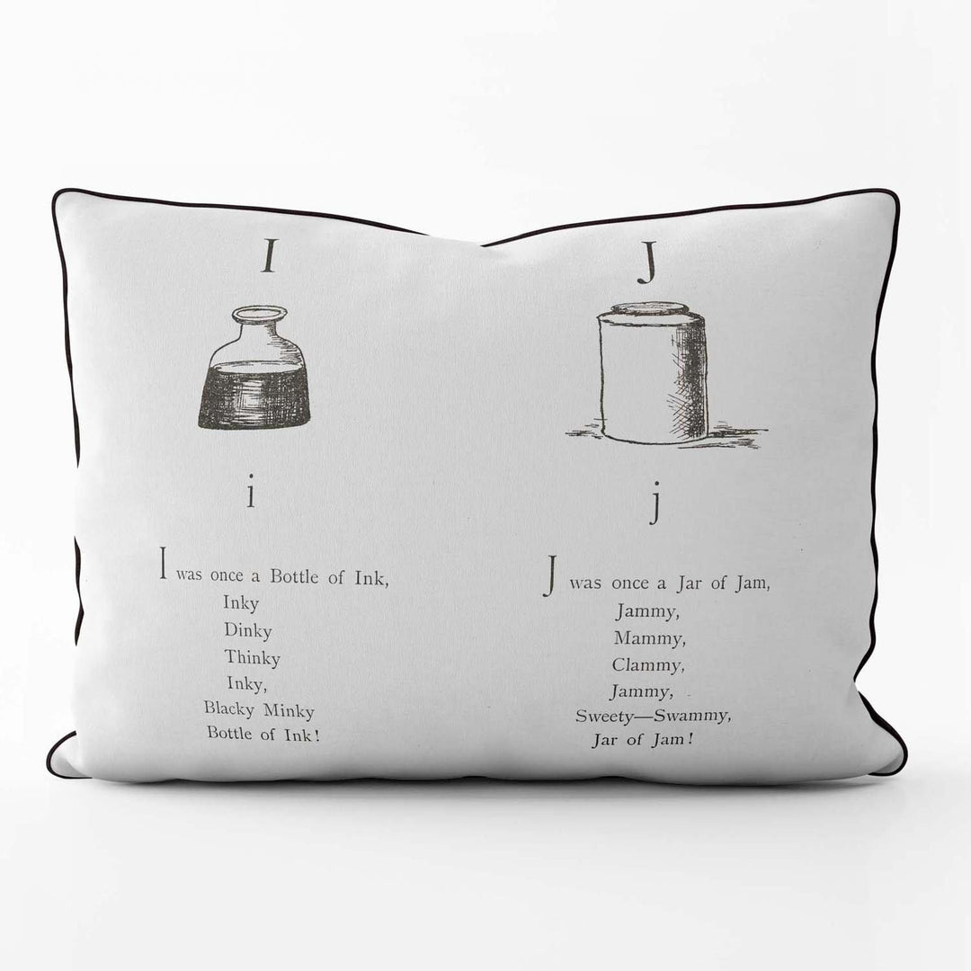 Nonsense Alphabet I-J - British Library Cushion - Black Piping - Handmade Cushions UK - WeLoveCushions