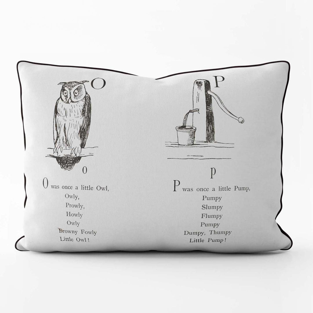 Nonsense Alphabet O-P - British Library Cushion - Black Piping - Handmade Cushions UK - WeLoveCushions