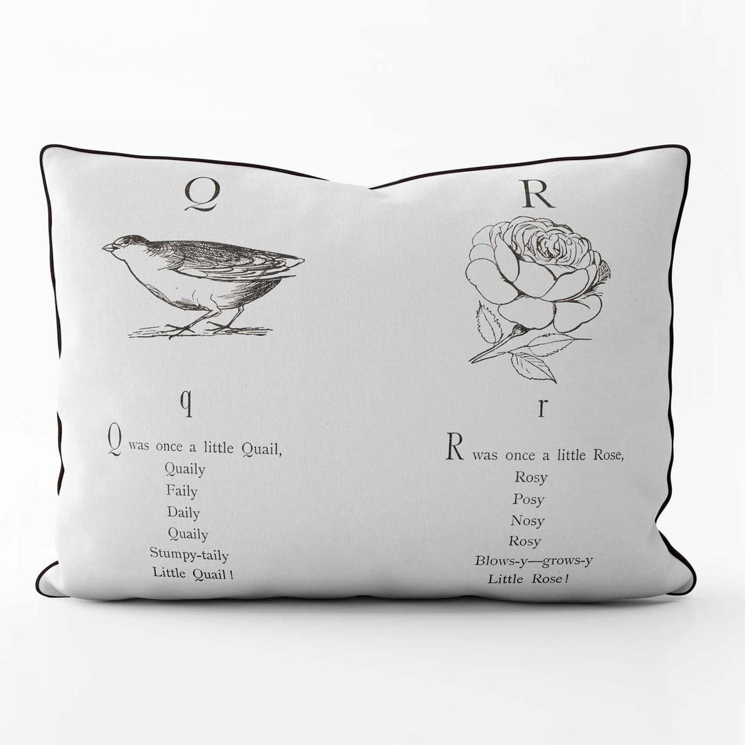 Nonsense Alphabet Q-R - British Library Cushion - Black Piping - Handmade Cushions UK - WeLoveCushions