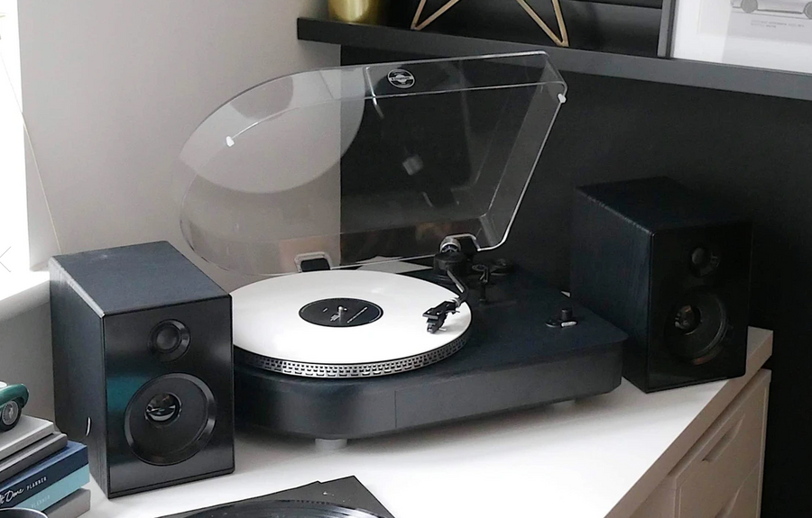 Black Camden Bluetooth Vinyl Record Turntable With Bookshelf Speakers by Steepletone
