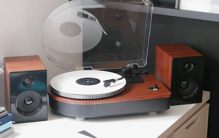 Teak Wood Camden Bluetooth Vinyl Record Turntable With Bookshelf Speakers by Steepletone