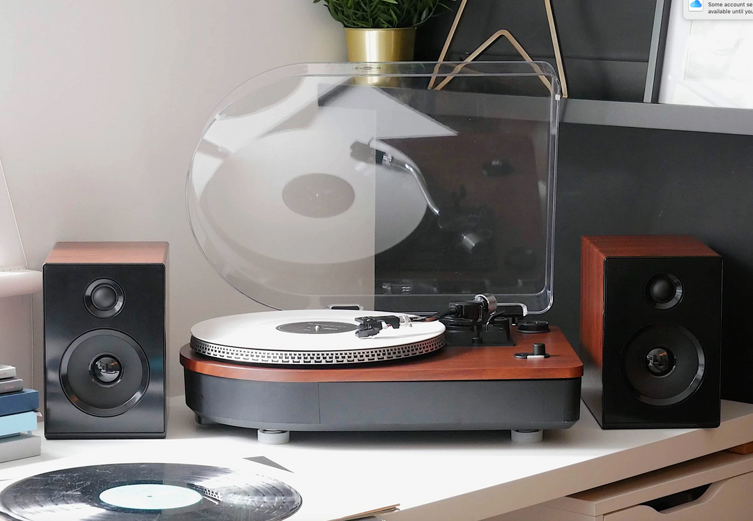 Teak Wood Camden Bluetooth Vinyl Record Turntable With Bookshelf Speakers by Steepletone