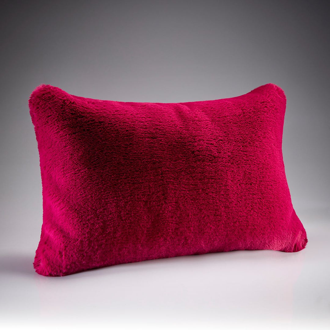 Soft Magenta rectangular faux fur cushion in vivid deep pink by Katrina Hampton