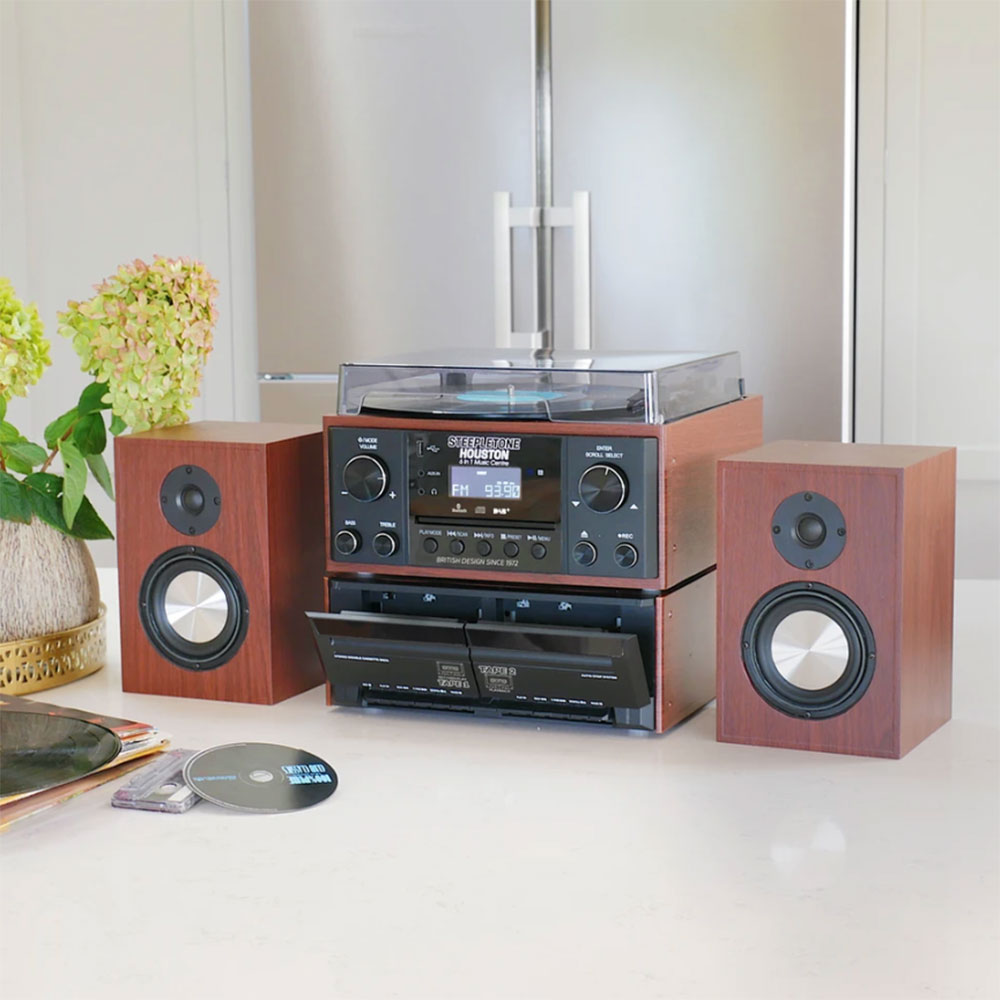 Steepletone Houston Black & Teak 6-In-1 Music Centre System - DAB Radio, Vinyl, CD, Cassette