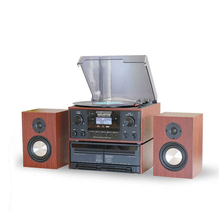 Steepletone Houston Black & Teak 6-In-1 Music Centre System - DAB Radio, Vinyl, CD, Cassette