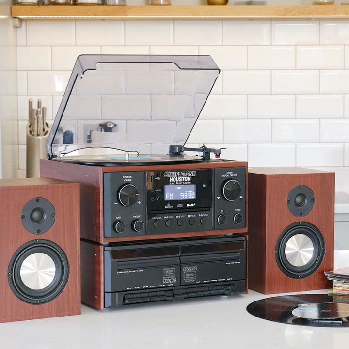 Steepletone Houston Black & Teak 6-In-1 Music Centre System - DAB Radio, Vinyl, CD, Cassette