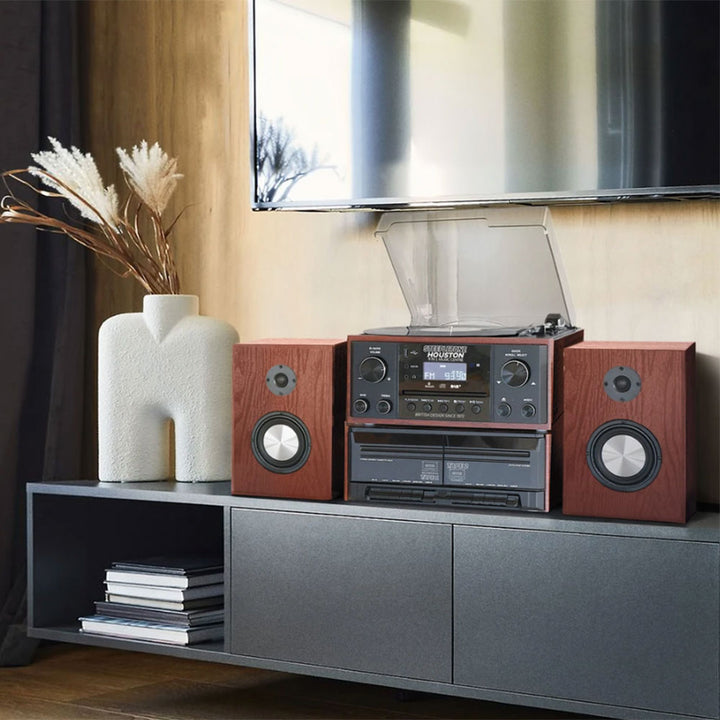 Steepletone Houston Black & Teak 6-In-1 Music Centre System - DAB Radio, Vinyl, CD, Cassette