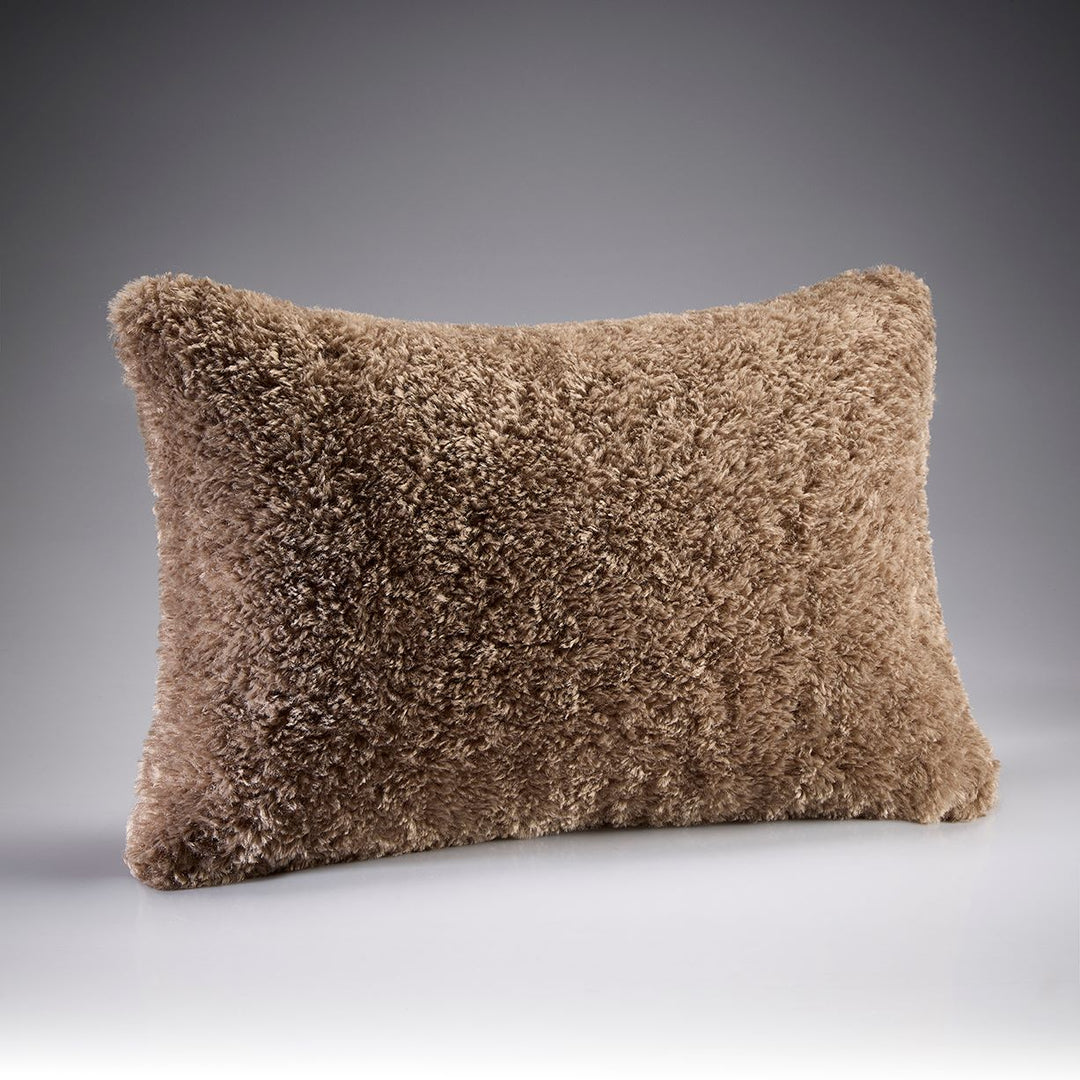 Taupe Pebble rectangular cushion with curly taupe brown faux fur by Katrina Hampton