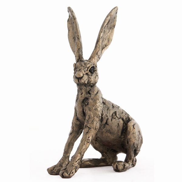 Ted Alarmed Hare cold-cast bronze sculpture by Thomas Meadows, sitting alert with straight forelegs and ears upright