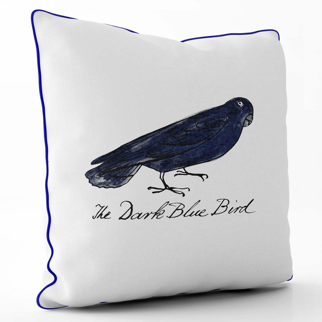 Little Dark Blue Bird - Edward Lear Cushion - Cornflower-Blue Piping - Handmade Cushions UK - WeLoveCushions