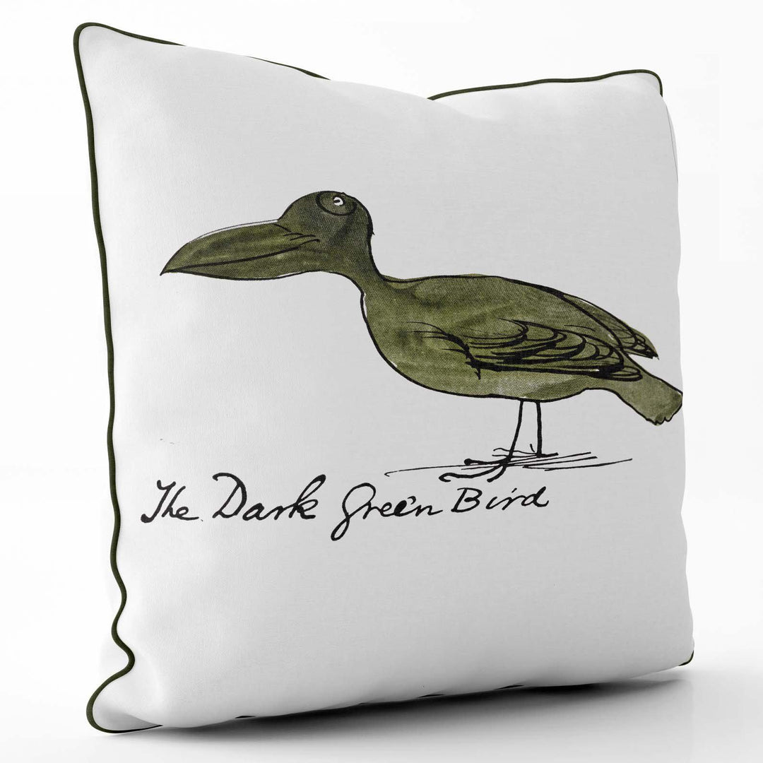 The Dark Green Bird - Edward Lear Cushion - Khaki Piping - Handmade Cushions UK - WeLoveCushions