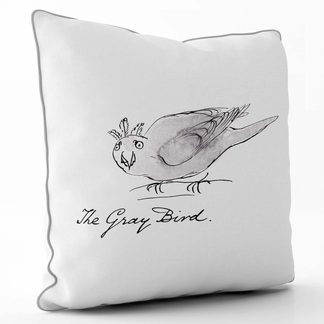 The Grey Bird - Edward Lear Cushion - Silver Piping - Handmade Cushions UK - WeLoveCushions