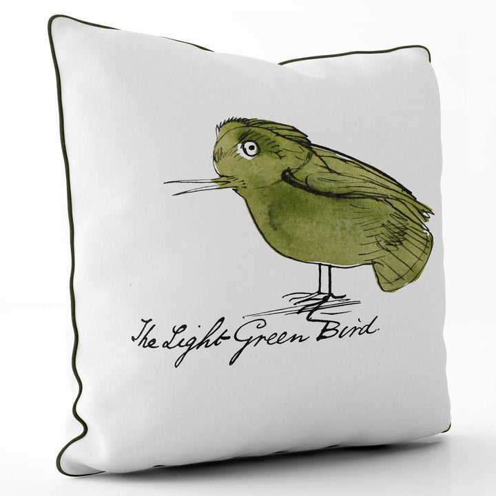 The Light Green Bird - Edward Lear Cushion - Khaki Piping - Handmade Cushions UK - WeLoveCushions