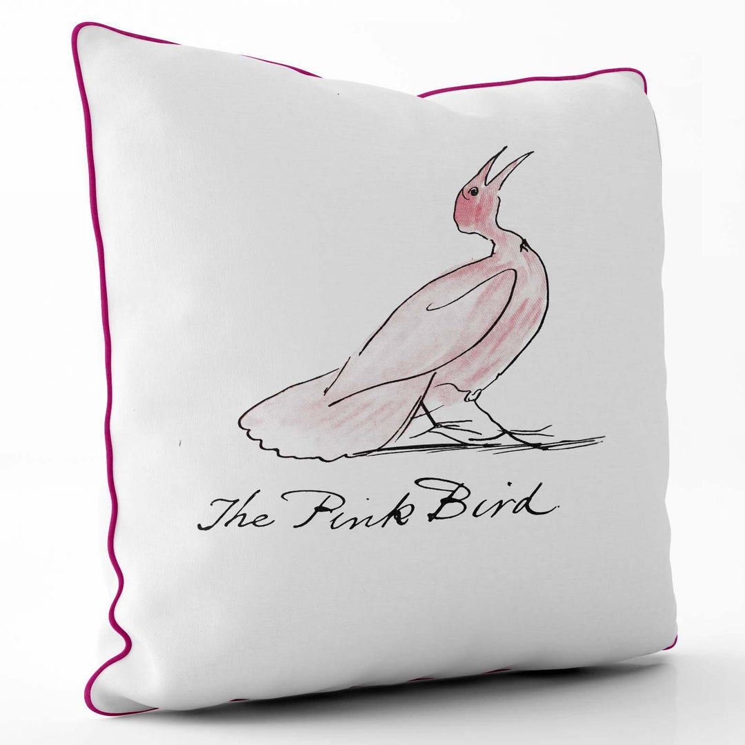 The Pink Bird - Edward Lear Cushion - Cerise Piping - Handmade Cushions UK - WeLoveCushions