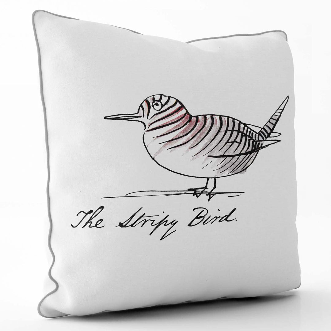 The Stripy Bird - Edward Lear Cushion - Silver Piping - Handmade Cushions UK - WeLoveCushions