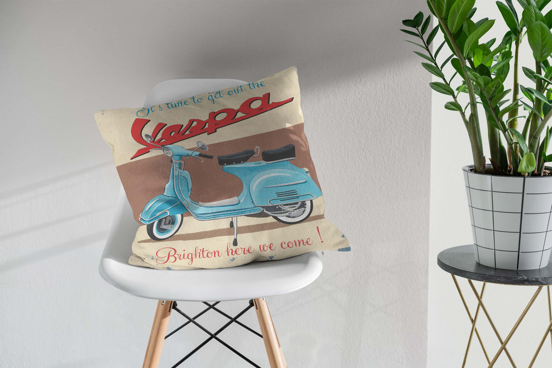 Vespa Brighton Here We Come - Retro Motor Cushion