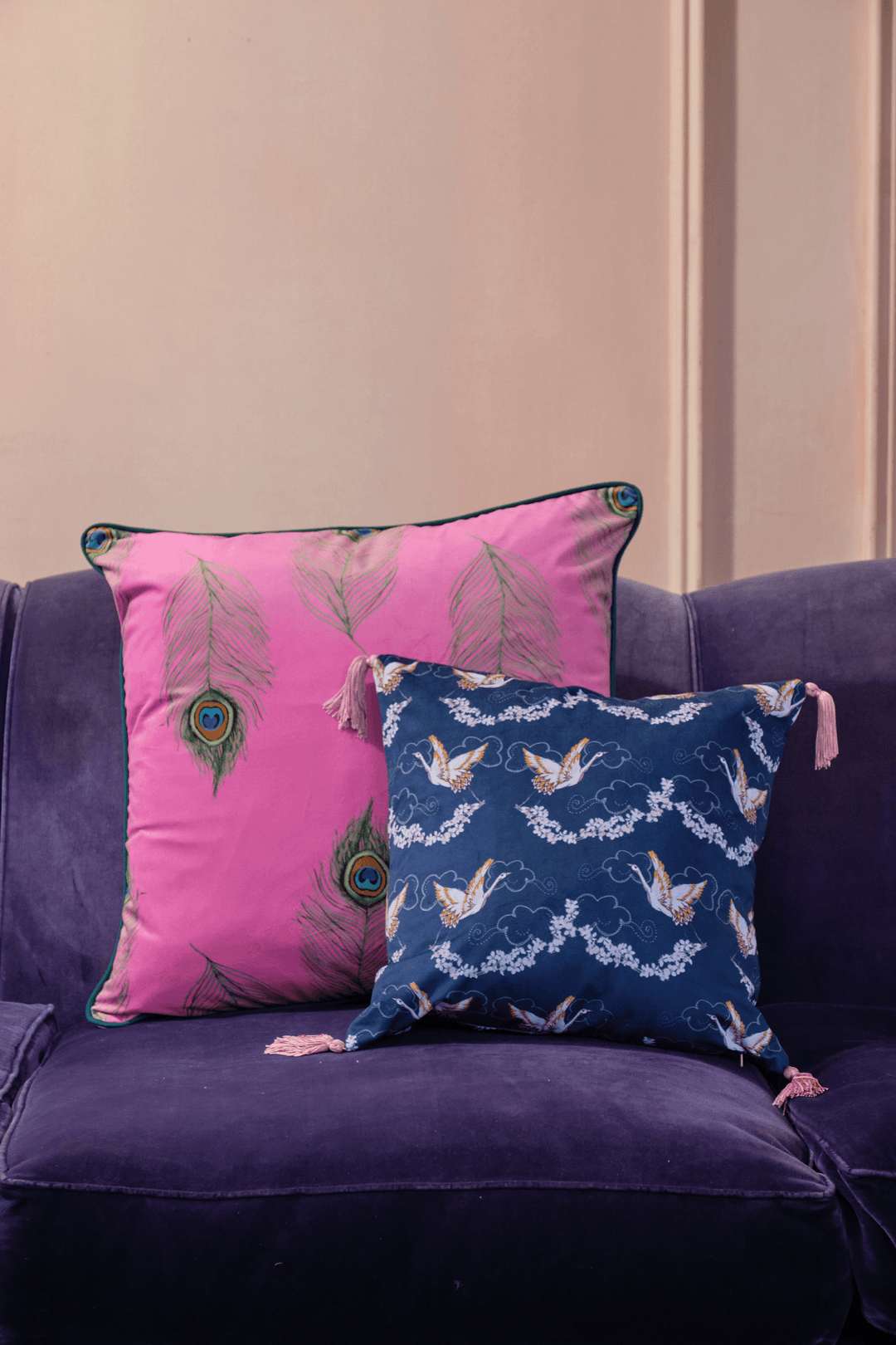 Crane Blossom Blue - Pink Tassels Their Nibs Cushion