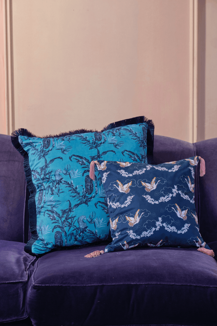 Crane Blossom Blue - Pink Tassels Their Nibs Cushion