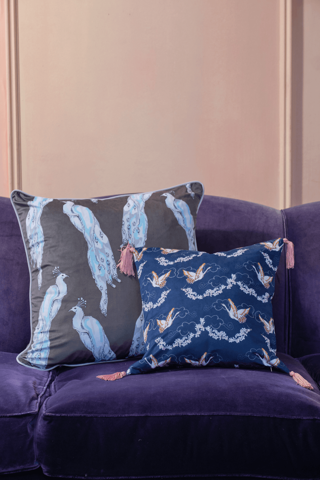 Crane Blossom Blue - Pink Tassels Their Nibs Cushion