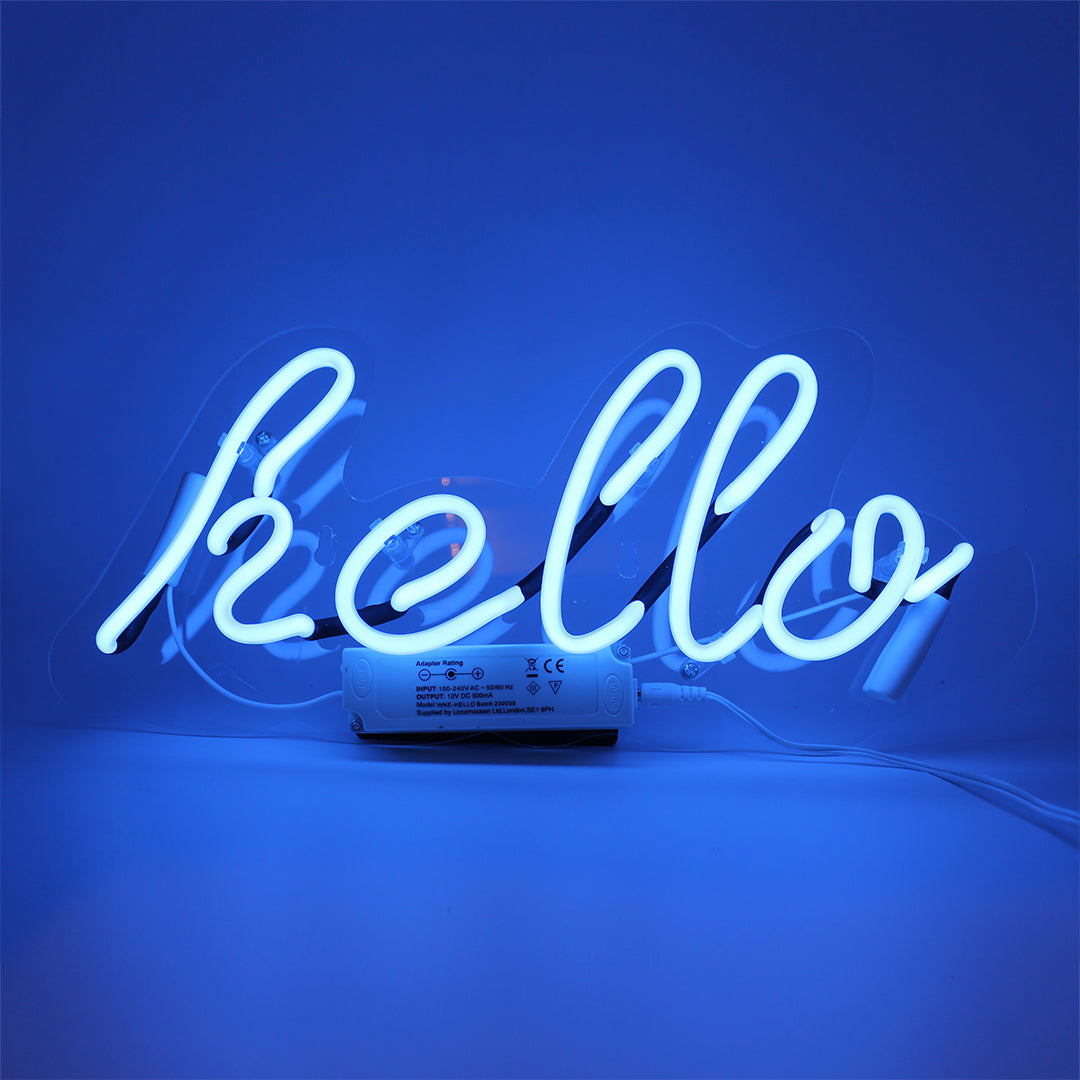 Hello Glass Neon Wall Sign   Blue product image shown in a home or gift setting