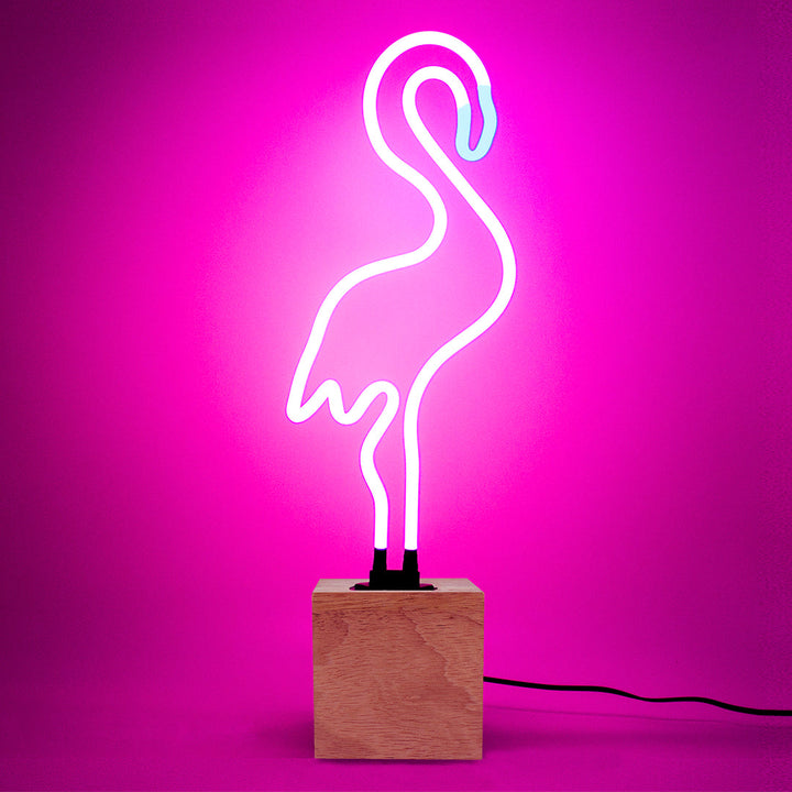 Wooden Base Flamingo Neon product image shown in a home or gift setting