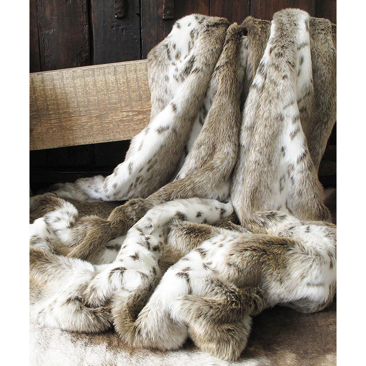 Luxury beige and white faux fur throw with lynx pattern