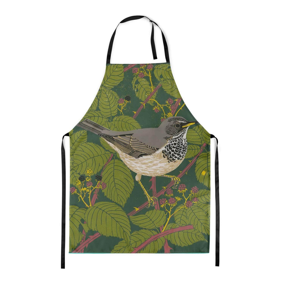 A green apron with black straps, a grey and white thrush is on the front.