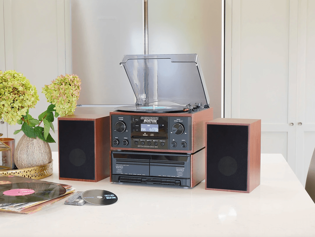 Music System Teak & Black MP3 Bluetooth Vinyl Twin Cassette Radio ...